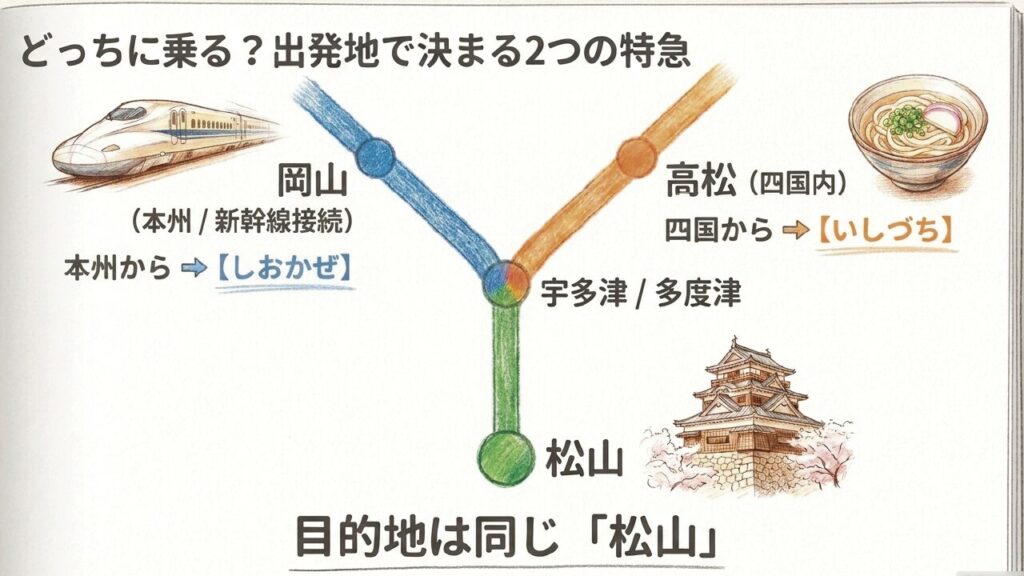 しおかぜと、いしづちの出発地の違いを図解