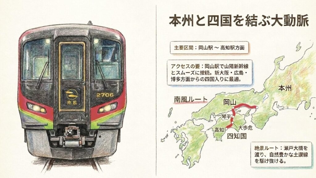 特急南風が岡山から瀬戸大橋を渡り高知方面へ向かうルート図