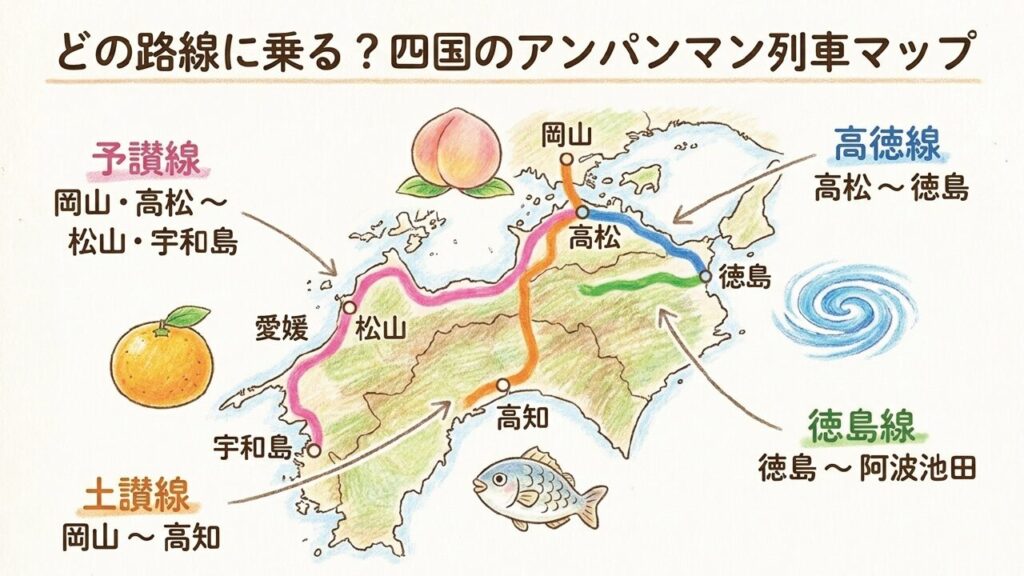 JR四国アンパンマン列車の運行路線マップ