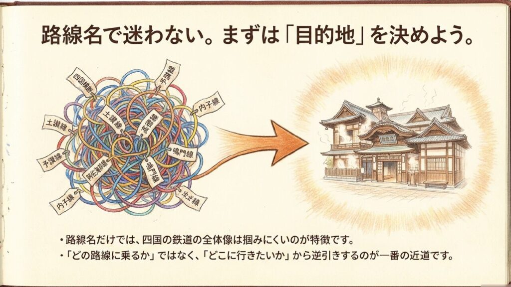 複雑に絡み合う路線名で迷わないために、まずは目的地を決めることを推奨する解説イラスト
