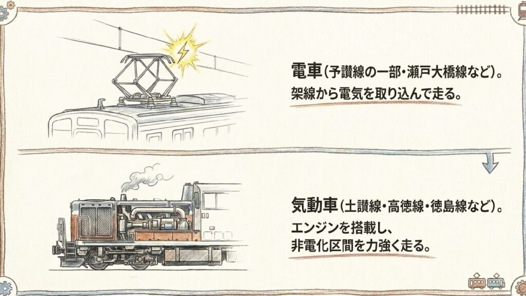 電車と気動車の違い・仕組み 架線から電気を取り込んで走る「電車」と、エンジンを搭載して非電化区間を走る「気動車」の構造的な違いを解説したイラストスライド。