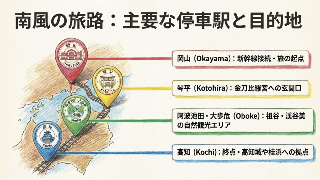 岡山・琴平・大歩危・高知など特急南風の主要停車駅を示した図