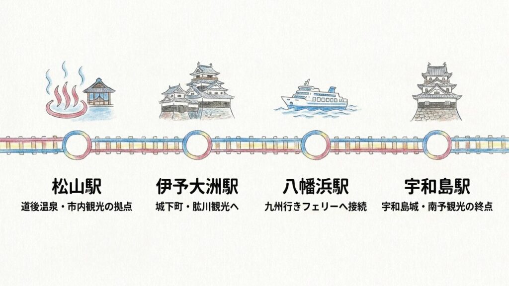 道後温泉や大洲城など特急宇和海沿線の観光地イラスト