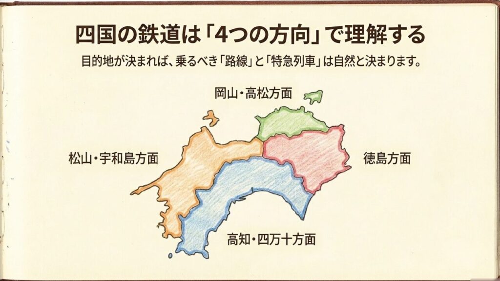 四国の鉄道を岡山・高松方面、松山・宇和島方面、高知・四万十方面、徳島方面の4つの方向に分類した構図