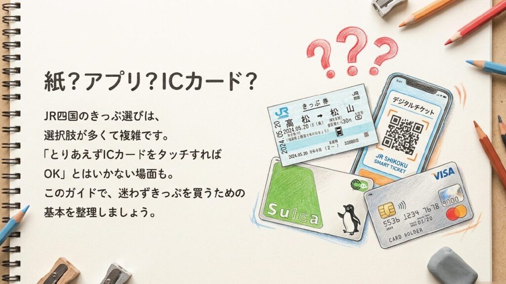 紙?アプリ?ICカード? 紙のきっぷ、スマホアプリ、ICカードのイラスト