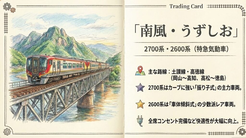 2700系・2600系(南風・うずしお) 土讃線・高徳線の特急「南風・うずしお」で活躍する、振り子式の主力2700系と車体傾斜式のレア車両2600系のイラスト・特徴まとめスライド。