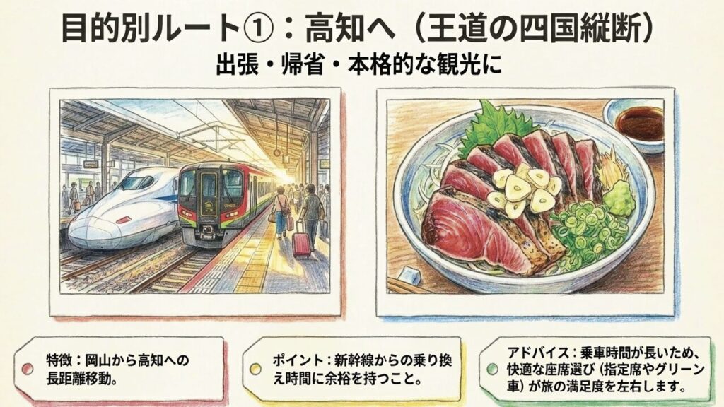 岡山駅で新幹線から特急南風へ乗り換え高知へ向かう旅行ルート