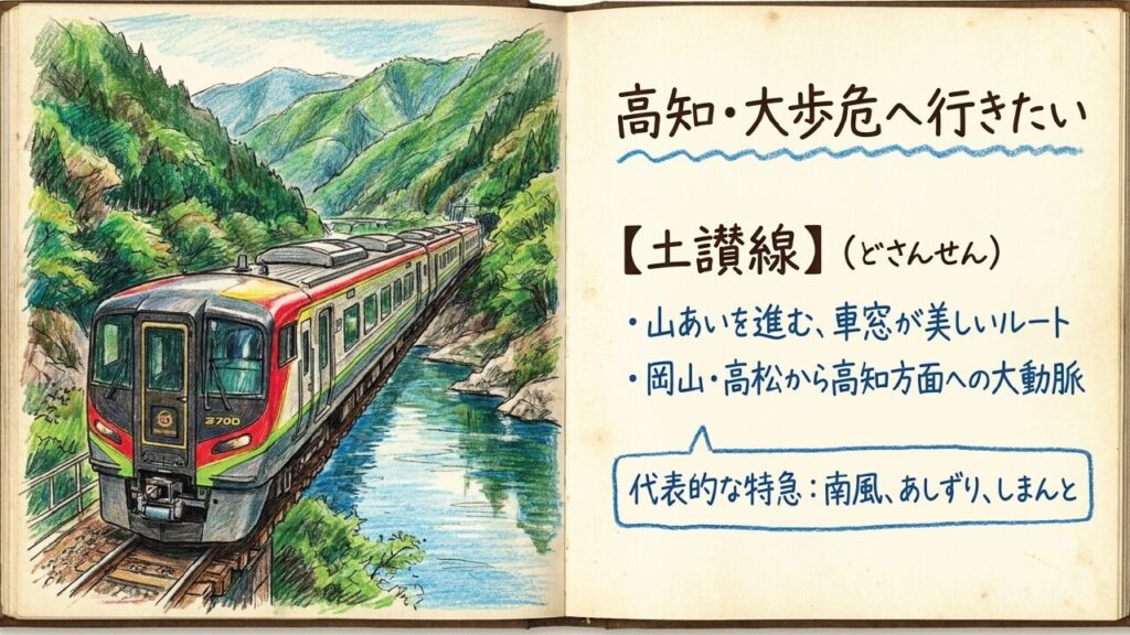 緑豊かな山あいと渓谷の川を渡る土讃線2700系特急列車のイラストと路線特徴・代表的な特急（南風・あしずり・しまんと）の解説