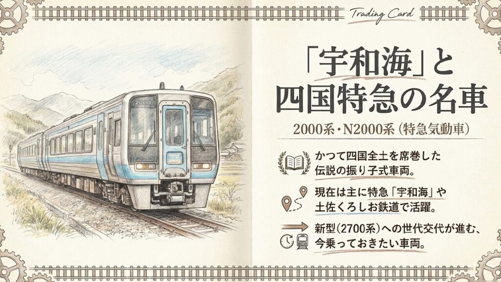 2000系・N2000系(宇和海) 特急「宇和海」などで今も活躍する四国特急の名車であり、伝説の振り子式車両2000系・N2000系の世代交代を説明するスライド。
