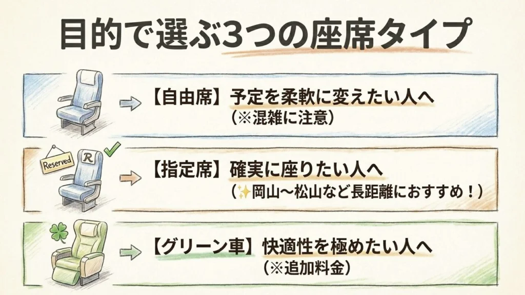 自由席・指定席・グリーン車の3つの座席タイプの特徴