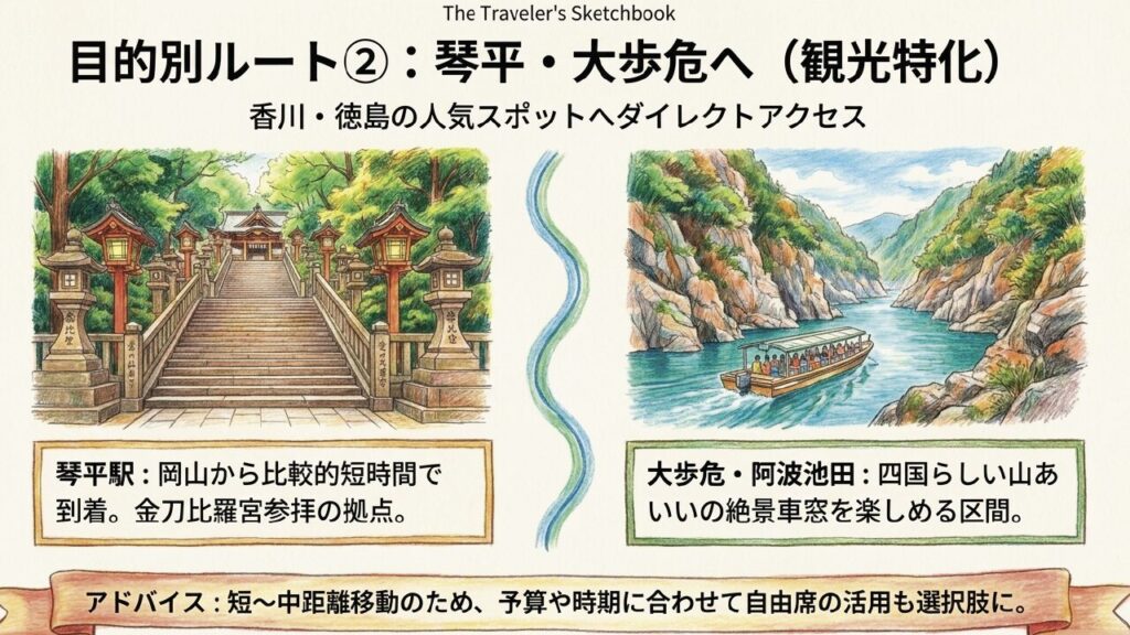 特急南風で琴平や大歩危方面へ向かう観光ルートを紹介したスライド