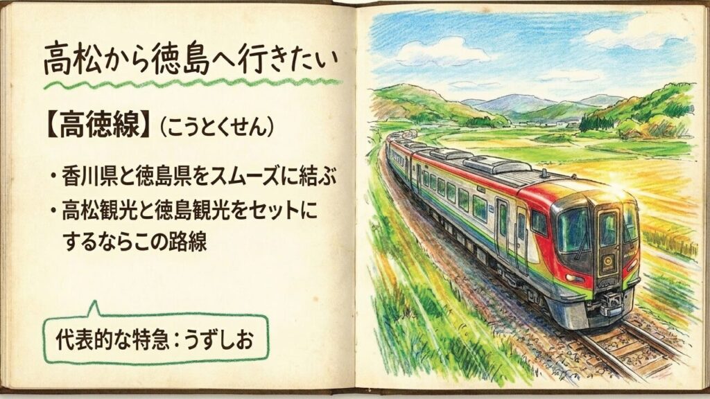 高松と徳島をスムーズに結ぶ高徳線の解説。代表的な特急列車として「うずしお」を記載