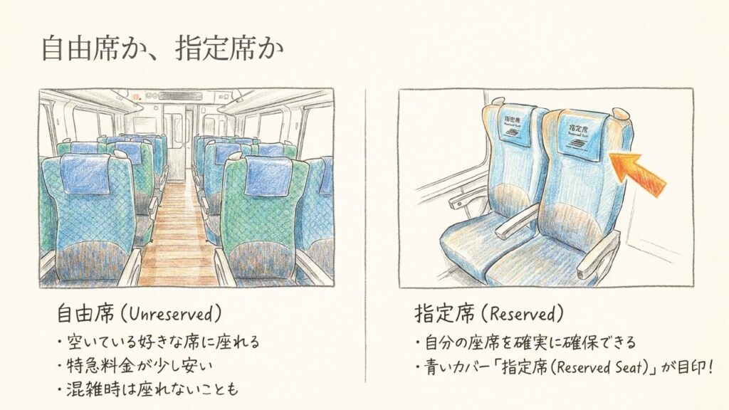 自由席か、指定席か 自由席と指定席(青いカバーが目印)の車内イラスト
