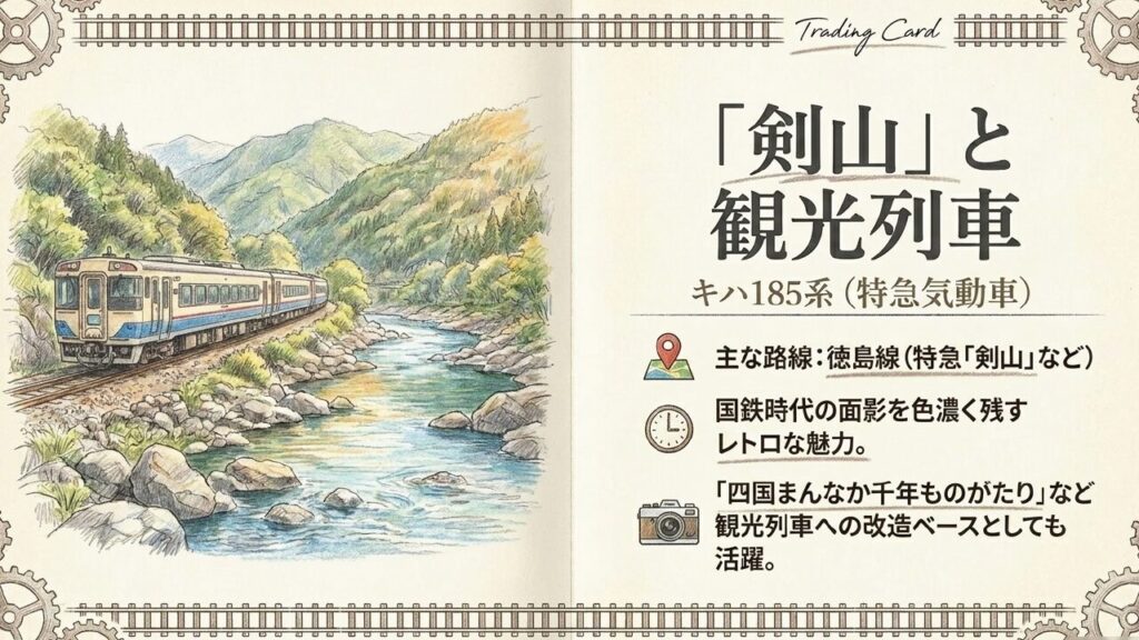 キハ185系(剣山・観光列車) 徳島線の特急「剣山」やレトロな観光列車(四国まんなか千年ものがたり等)の改造ベースとして活躍する国鉄型キハ185系の解説スライド。