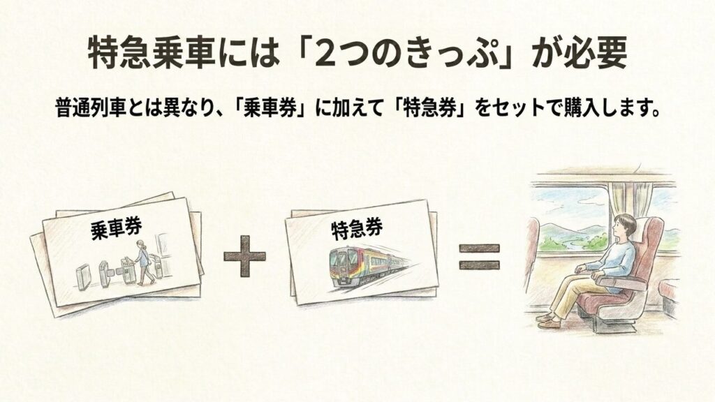 特急乗車に必要なきっぷ 特急列車の乗車には乗車券と特急券の2つのきっぷが必要なことの解説