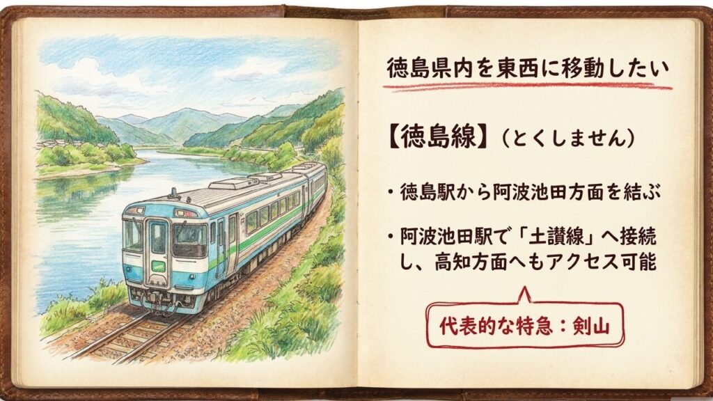 穏やかな吉野川沿いを走るキハ185系特急剣山のイラストと徳島線の特徴・阿波池田での接続解説