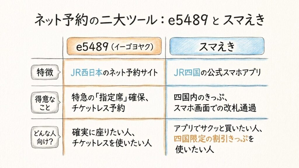 ネット予約の二大ツール:e5489とスマえき e5489とスマえきの特徴と向いている人をまとめた比較表