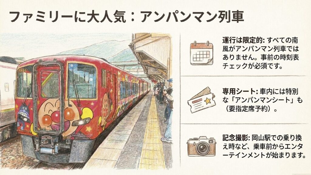 子ども連れに人気の特急南風アンパンマン列車の特徴を示したスライド