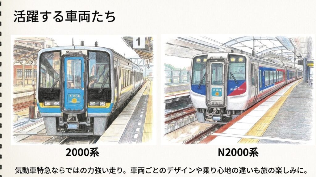 特急宇和海で活躍する2000系とN2000系車両のイラスト