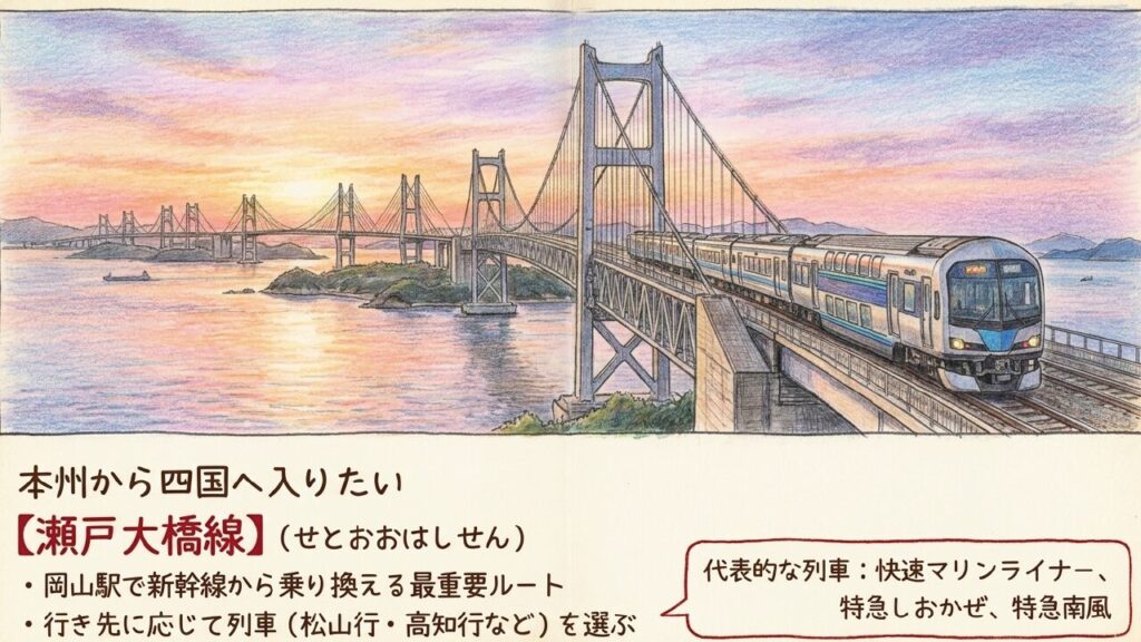美しい夕暮れの瀬戸大橋を渡る2階建て快速マリンライナーのイラストと岡山駅乗り換えの最重要ルート解説
