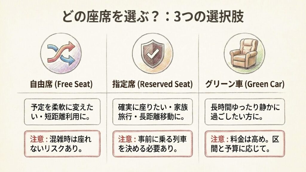 特急南風の自由席・指定席・グリーン車の違いと選び方を比較した図