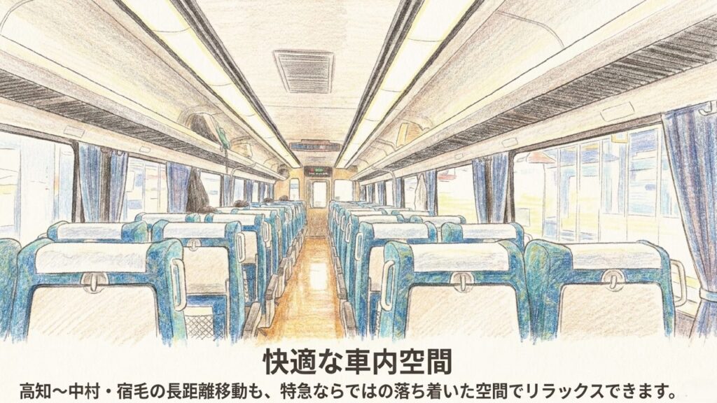 快適な車内空間 特急あしずり・しまんとの快適で落ち着いた車内空間のイラスト