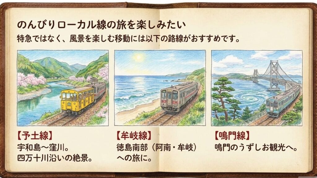 四万十川の絶景を走る予土線、徳島南部の牟岐線、鳴門うずしお観光の鳴門線という3つののんびりローカル線旅の魅力を描いたスライドイラスト