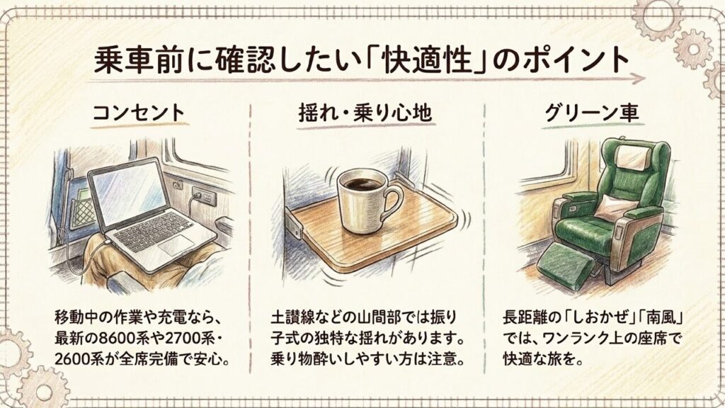 乗車前に確認したい快適性ポイント 移動中の作業に重要なコンセントの有無、山間部での揺れ・乗り心地、長距離移動を快適にするグリーン車などのチェックポイントをまとめたスライド。