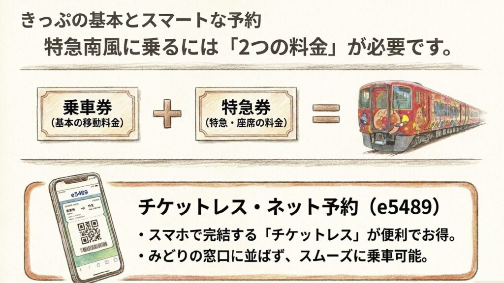 特急南風に必要な乗車券と特急券、e5489チケットレス予約を説明した図