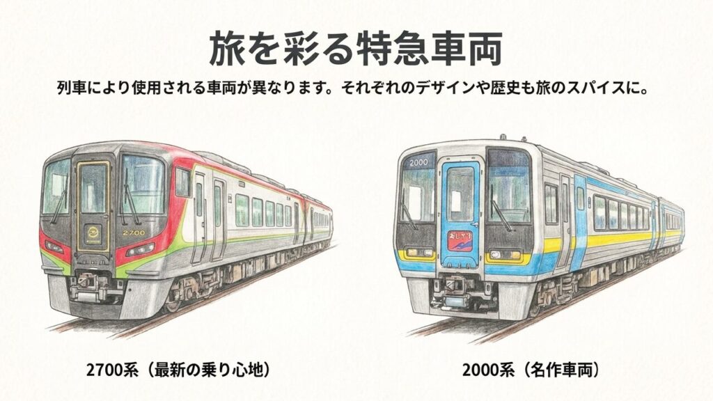 あしずり・しまんとの特急車両 旅を彩る2700系と2000系特急車両のイラスト