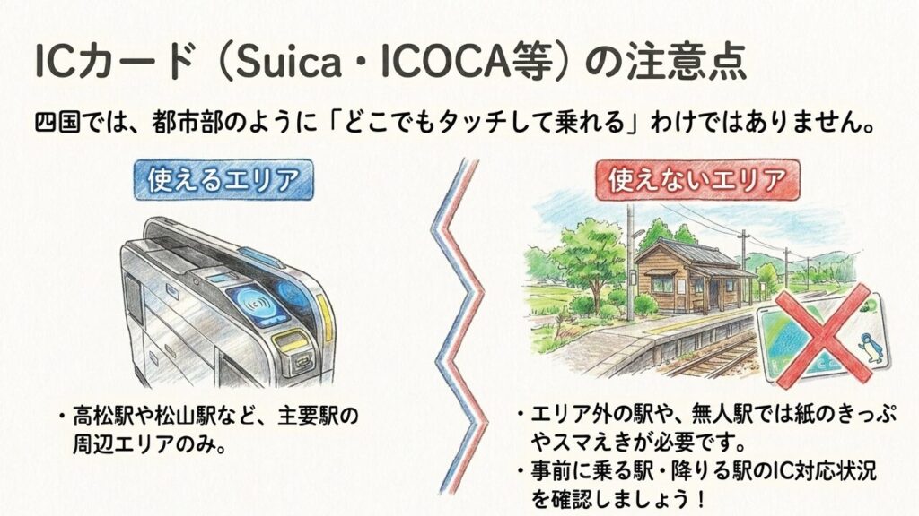 ICカードの使えないエリア 無人駅ではICカードが使えないことを示すバツ印のイラスト