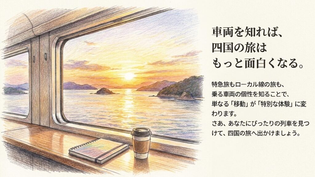 車両を知れば四国の旅はもっと面白くなる 乗る車両の個性を知ることで移動が特別な体験に変わることを伝え、旅への出発を促すまとめのスライド。