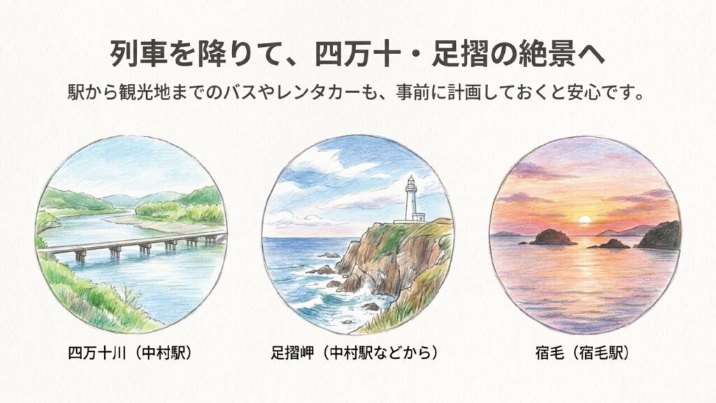 四万十・足摺の絶景観光 列車を降りて向かう四万十川や足摺岬、宿毛の絶景イラスト