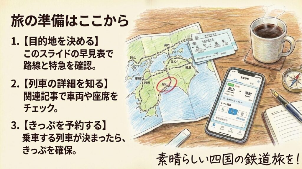 切符、時刻表マップ、スマホでのネット予約画面を描いたイラストと、旅の準備を進めるための3つのステップ解説