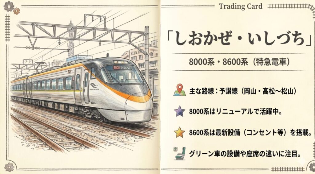 8000系・8600系(しおかぜ・いしづち) 予讃線の特急「しおかぜ・いしづち」で使われる主力8000系と最新設備(コンセント等)を搭載した8600系のイラスト・特徴まとめスライド。