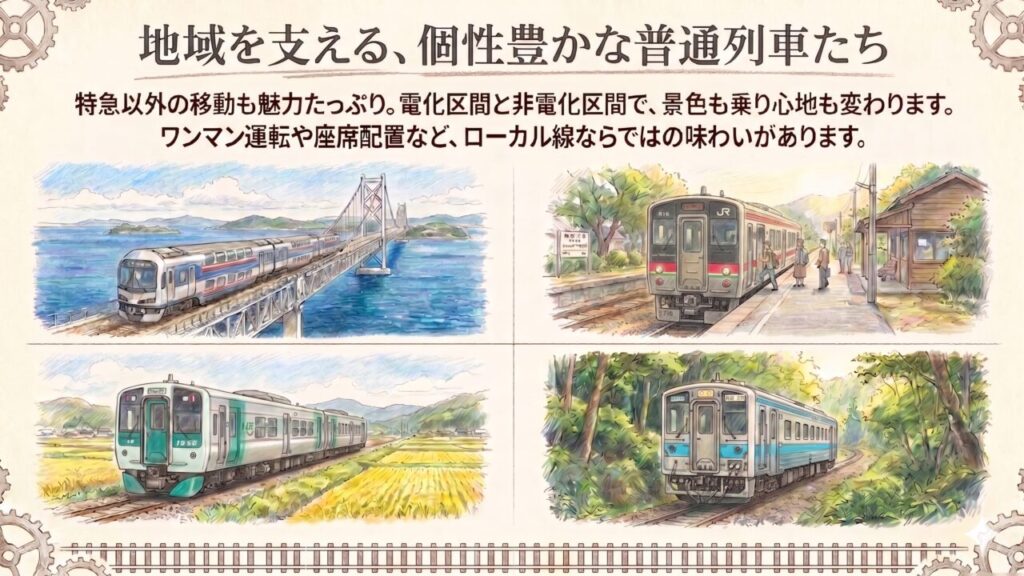 個性豊かな普通列車たち 駅のホームでの乗降風景や緑豊かな山間部を走るワンマン列車など、四国の地域輸送を支える普通列車の日常を描いたイラストスライド。