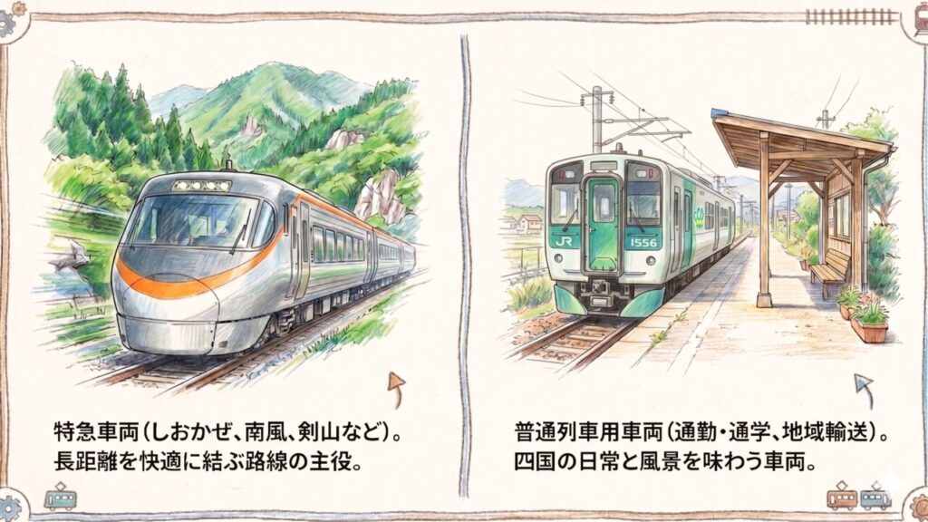 特急車両と普通列車の役割 長距離を結ぶ主役の特急車両としおかぜ、日常と風景を味わう普通列車用車両のイラストを並べたスライド。