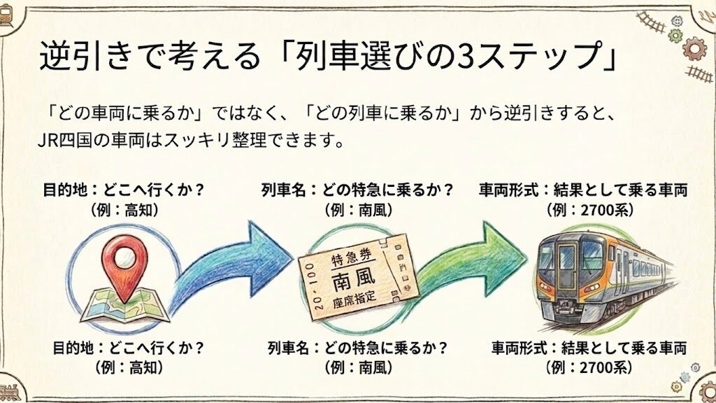 列車選びの3ステップ逆引き法 目的地(高知)から列車名(南風)、車両形式(2700系)へと逆引きで整理する「列車選びの3ステップ」解説スライド。