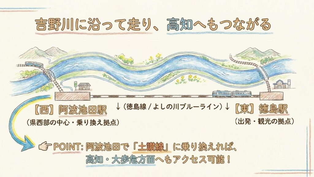 徳島駅と阿波池田駅を東西に結ぶ特急剣山の路線イメージ図
