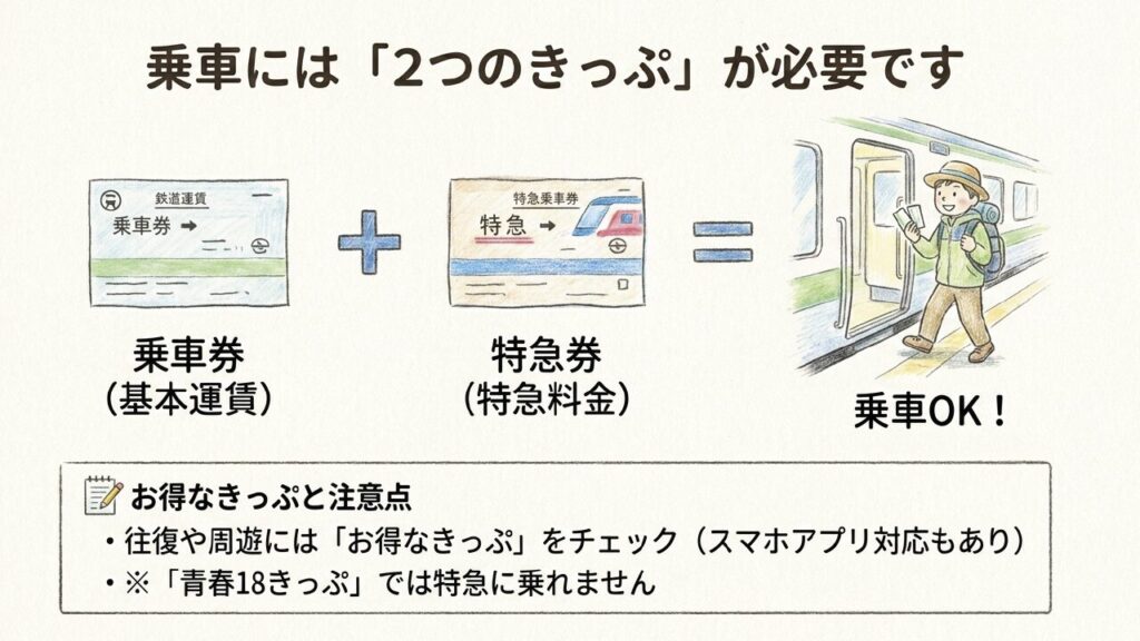 乗車券と特急券の2つのきっぷが必要な仕組みの解説図
