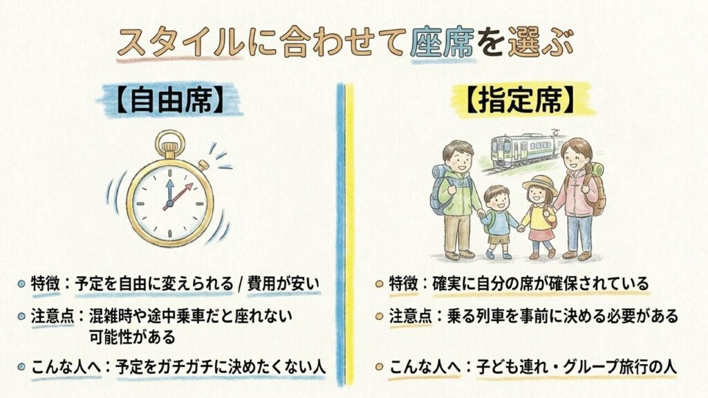自由席と指定席のそれぞれの特徴とおすすめな人の比較図