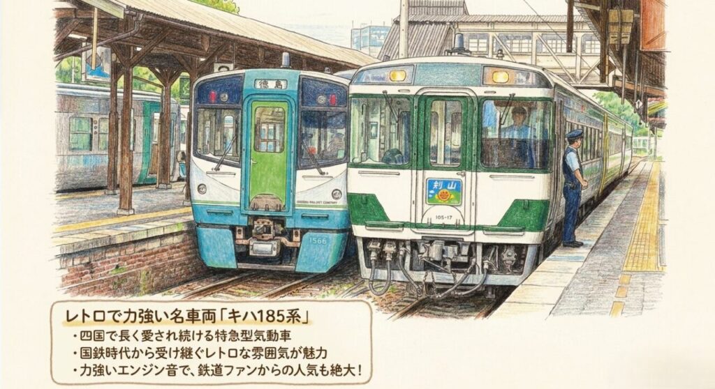 徳島駅に停車するレトロで力強いキハ185系気動車のイラスト