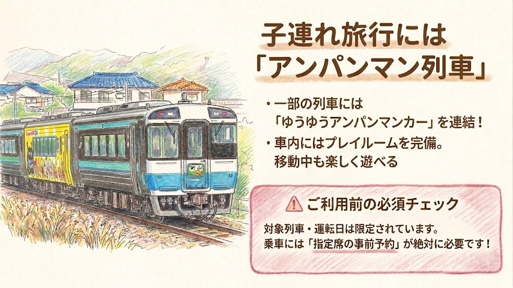 ゆうゆうアンパンマンカーを連結した徳島線アンパンマン列車のイラスト