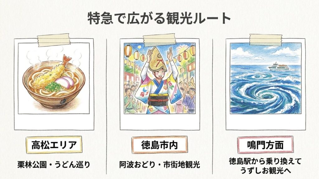 特急うずしおを利用した高松エリアと徳島エリアの観光ルート