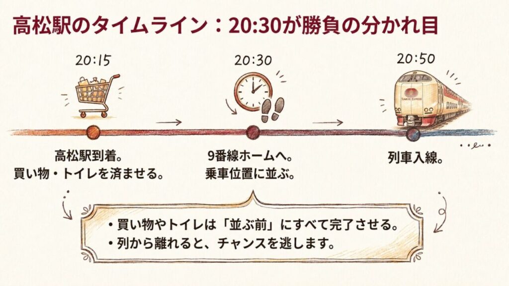 高松駅での20時15分から乗車までのタイムライン