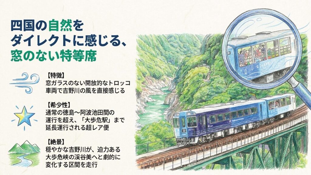 藍よしのがわ大歩危トロッコの特徴として窓のない車両、希少な延長運行、大歩危峡の絶景を整理したスライド