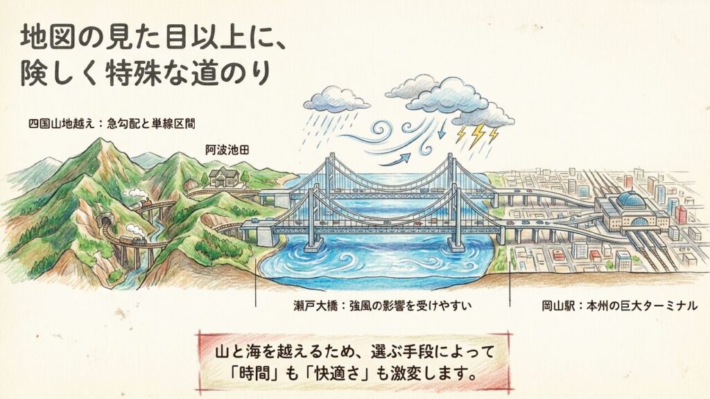 阿波池田駅から岡山駅までの険しい道のりと瀬戸大橋、山と海を越えるルートの特徴
