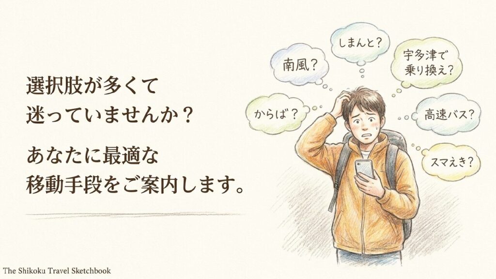 特急や高速バスなどの移動手段に迷う旅行者の様子