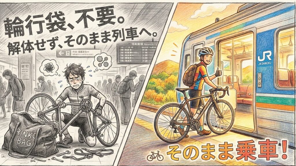 輪行袋に収納する通常輪行と自転車をそのまま列車に持ち込めるサイクルトレインを比較した図