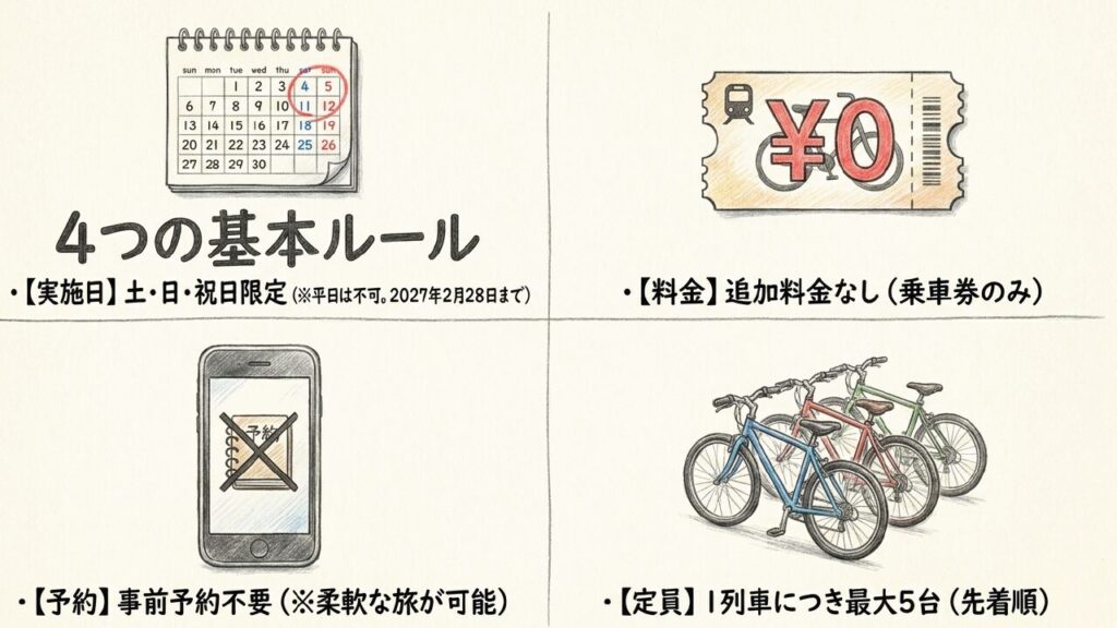土日祝限定、追加料金なし、事前予約不要、1列車5台までという基本ルールを示した図